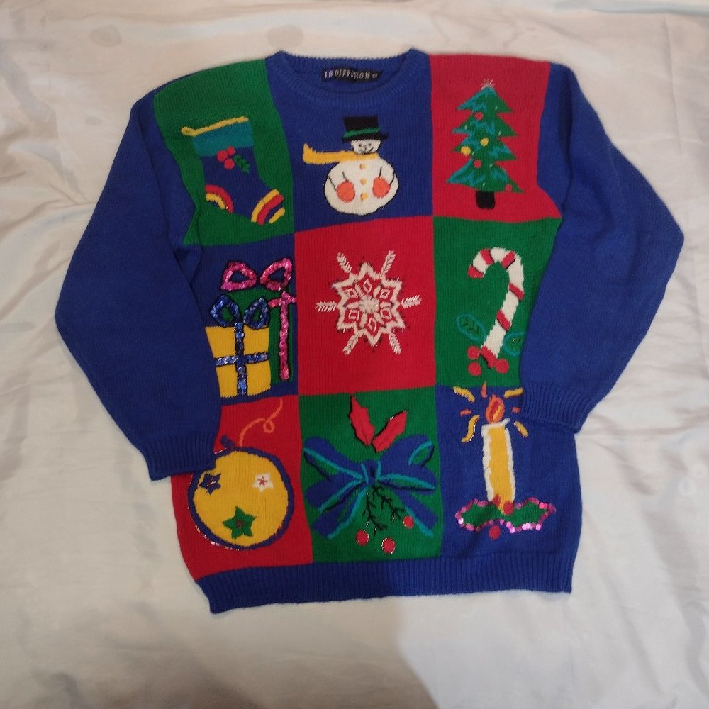 Vintage I B Diffusion Colorful Embroidered Christmas Knit Sweater Small Sequins